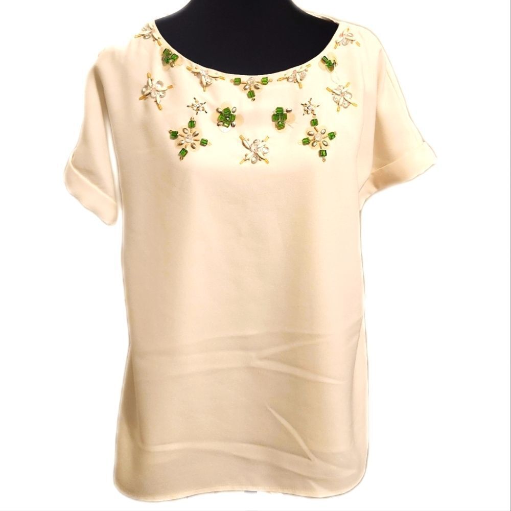 Banana Republic Beaded Short Sleeved Lined Cream Blouse, M